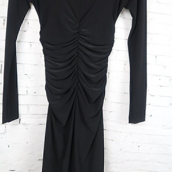 KAMALI KULTURE BLACK LONG SLEEVE RUCHED SIDES MIDI BLACK TIE COCKTAIL DRESS - Picture 7 of 9